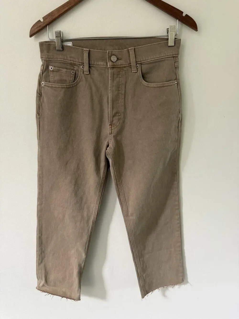 GAP Cheeky Straight High Rise 28 6P Pants Khaki Womans Denim Brown Raw Hem